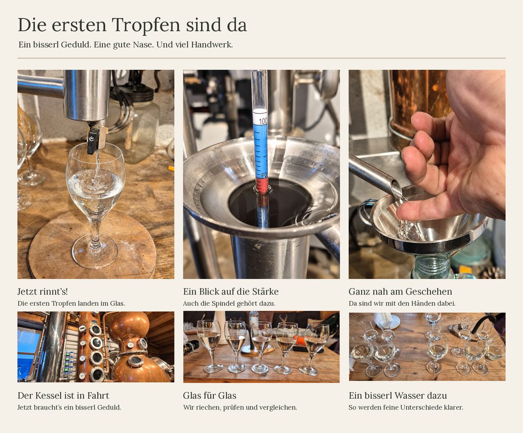 Einblicke in den Brenntag der Brennerei Schmider: Destillat am Auslauf, Alkoholmessung, Kupferbrennanlage und Probengläser.
